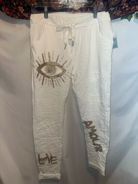 Coastal bloom White Jogger Pants with Gold Glitter Eye & Script Accents